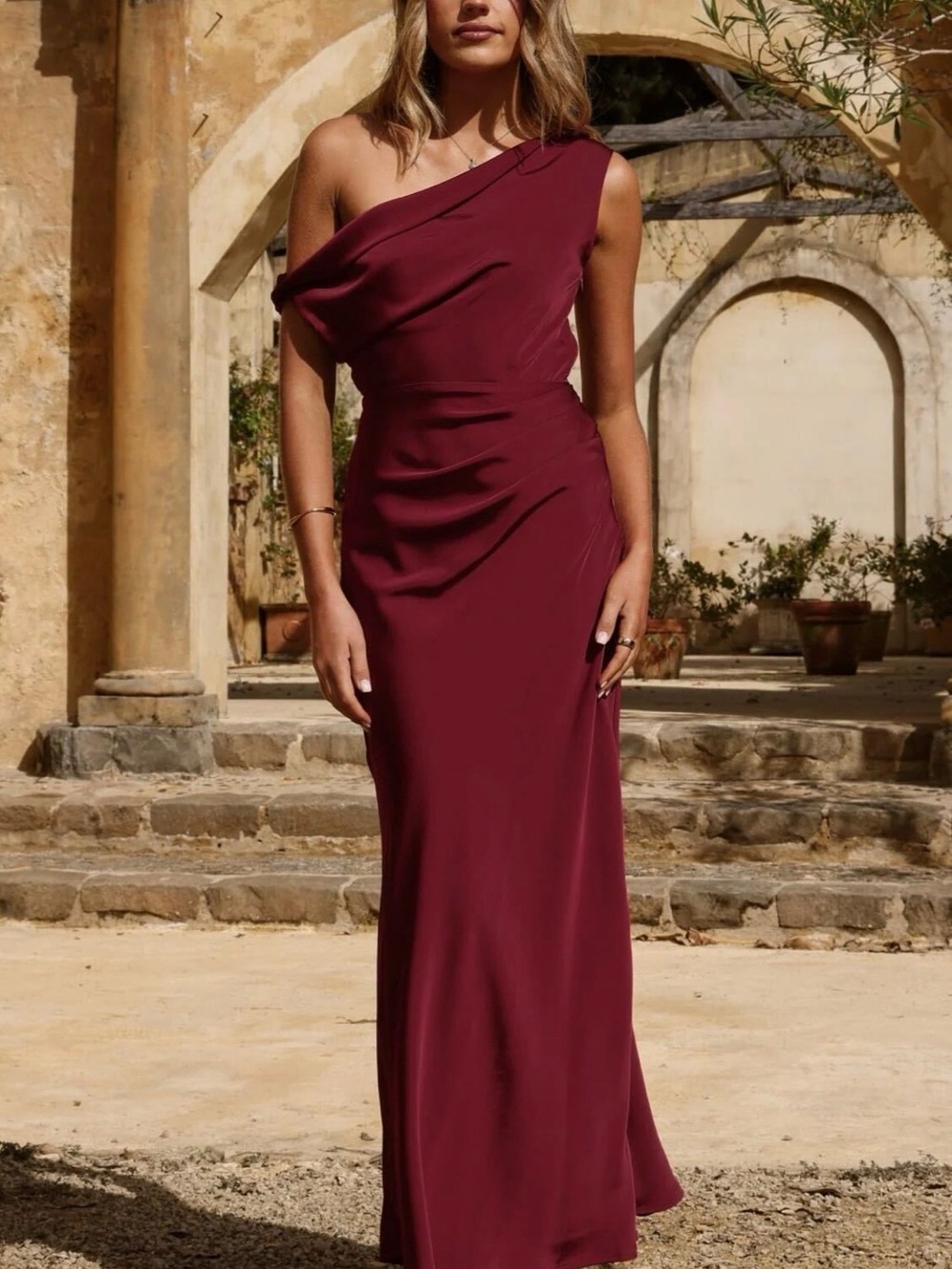 Asymmetric One-Shoulder Maxi Dress in Burgundy